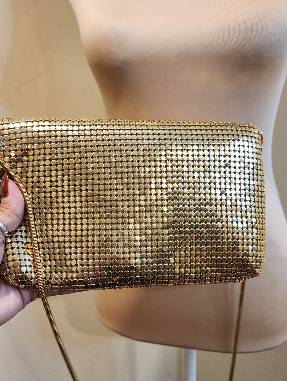 Gold Metallic Mesh Satchel Bag With Long Strap - Picture 5 of 14